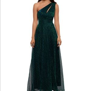 Aqua one shouldered crinkle dress-green metallic evening gown-